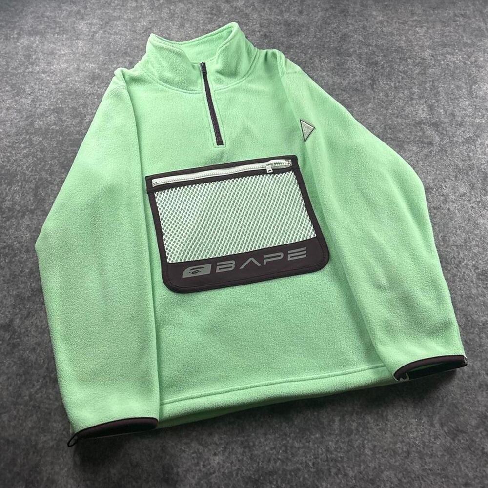 BAPE A Bathing Ape Men’s M Green Half Zip Fleece Jacket Wide Fit Mesh Pocket